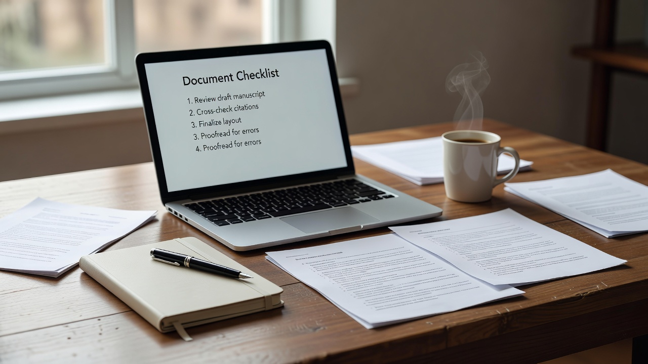 编辑在工位上对照 checklist 逐项核对内容发布流程的实景照片